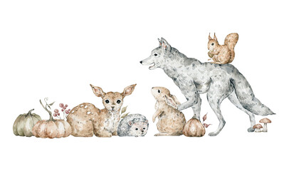 Watercolor composition with forest animals and pumpkins. Deer, wolf, hare, squirrel, hare, hedgehog. Wild nature scene, autumn composition. Wildlife fall creatures
