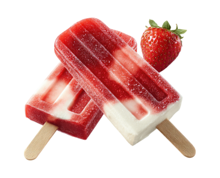 Two strawberry popsicles, overlapping, with a whole strawberry