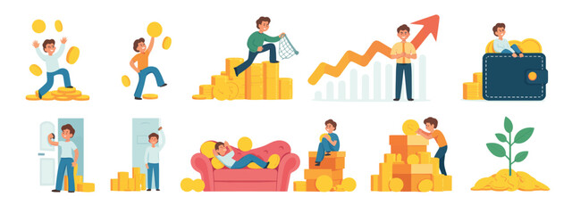 Fototapeta premium money and finance. Concept of financial literacy and economy of budget. People do investment, savings. Gold coins, banknotes and cash. Flat isolated vector illustrations on white background