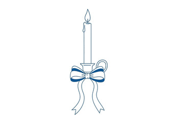 Outline drawing of a candle in a candlestick with a blue bow illustration Vector illustration of
