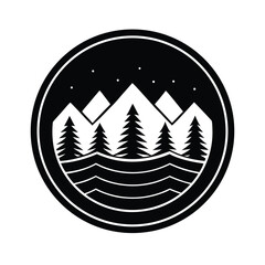 Adventure badge in round shape with layered mountains for camping and hiking art