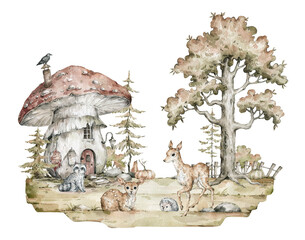 Watercolor composition with forest animals and autumn nature. Mushroom house, deer, raccoon, hedgehog, pine tree, fir, flowers. Wild nature scene, valley. Wildlife woodland creatures