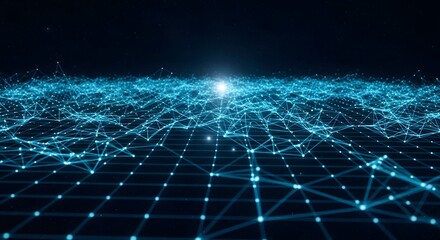 Abstract glowing blue digital network grid with interconnected nodes and lines creating a futuristic cyberspace landscape