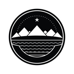 Classic round badge layered hills mountain retro nature emblem for outdoor adventure and hiking logos