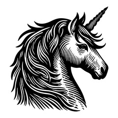 Fototapeta premium Majestic Mythical Unicorn Head Engraved Style Black and White Outline Line Art Drawing Fantasy Creature