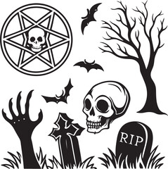 Horror Halloween Skull and Witchcraft Elements Vector Illustration Set