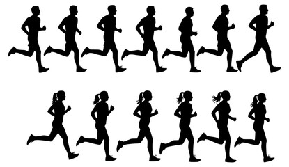 Running men and women, isolated vector silhouettes. Run, side view. Silhouettes of athletic looking male and female runners running. JPEG version.