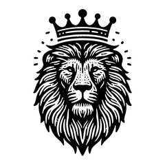 Obraz premium Regal Lion Head with Crown Royal Majesty Black and White Outline Line Art Drawing Powerful Symbol