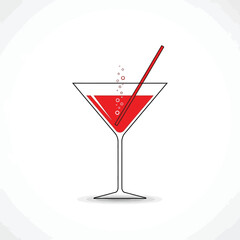 Red cocktail in martini glass with straw and bubbles drink beverage Vector illustration of