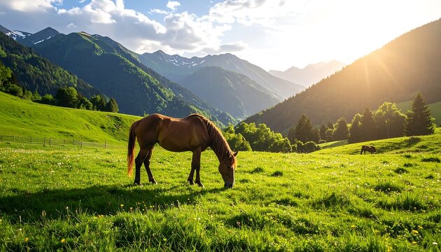 Horse grazing in a lush valley