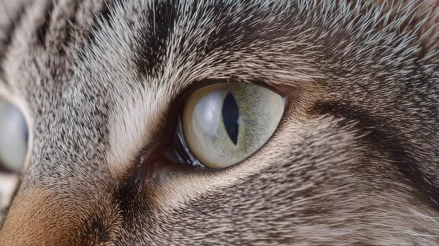 Cat eye close up sensory detail with fur texture and sharp gaze showing animal vision and natural pattern in soft light enhancing pet beauty