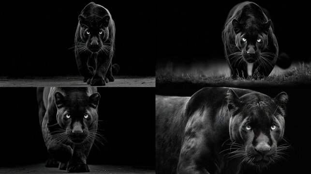 Four monochrome close-up shots of a majestic black panther, each showcasing a different angle and pose, set against a dark background, highlighting its powerful physique and intense gaze