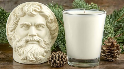 A light beige sculpted head and a decorative candle.