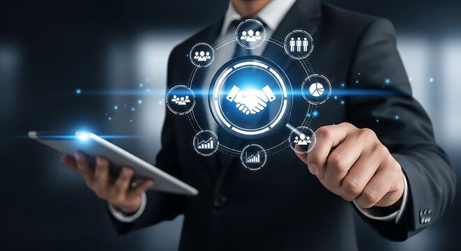 Businessman using tablet with handshake icon symbolizing business agreement and modern tech connection