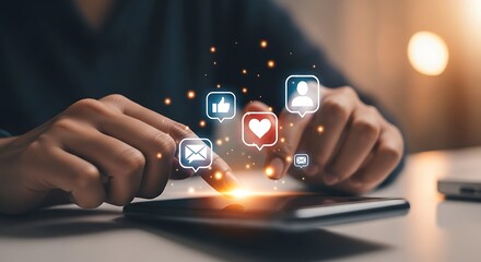 Person using smartphone with notification icons symbolizing modern communication and social media engagement