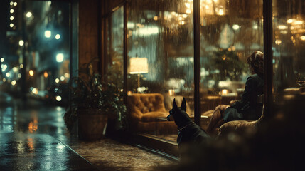 Moody Rainy Night Scene – Woman and Dog Behind Window Glass