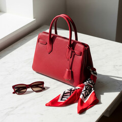 Naklejka premium Stylish Red Handbag with Sunglasses and Scarf on Marble Surface