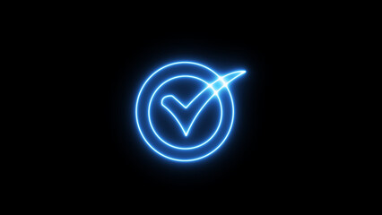Glowing neon checkmark signifies success and validation against a stark black background adding a