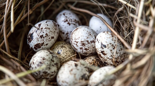  close de ovos de codorna rec&eacute;m-postos aninhados em um ninho natural e r&uacute;stico