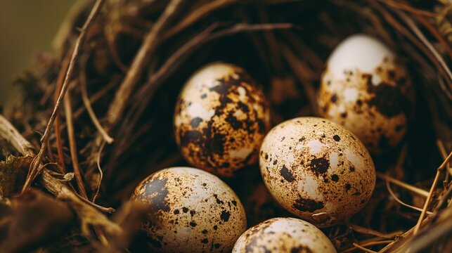  close de ovos de codorna rec&eacute;m-postos aninhados em um ninho natural e r&uacute;stico