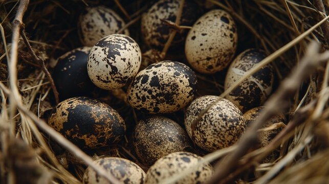  close de ovos de codorna rec&eacute;m-postos aninhados em um ninho natural e r&uacute;stico
