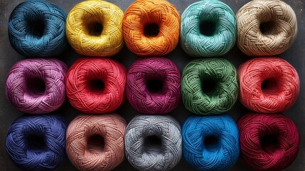 Colorful balls of yarn arranged in a grid pattern.