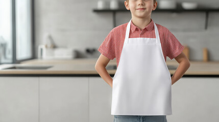 White apron child kitchen red shirt blank casual modern happy