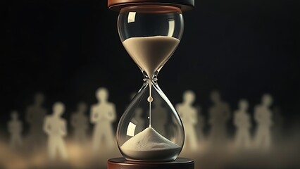An hourglass with liquid time dripping away, surrounded by faint ghostly silhouettes, symbolizing fleeting moments of life.