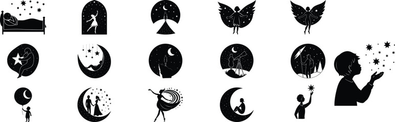  Vector art of collection of magical and celestial silhouettes isolated on white background