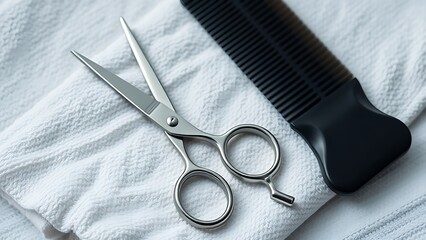 Barber tools neatly arranged on a clean towel for a salon concept.