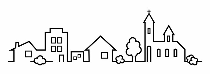 cityscape, town, village, city, houses and church, buildings with tree and shrub, line art, vector illustration