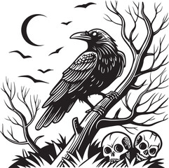 Gothic Raven on Tree with Skulls and Bats – Dark Halloween Night Vector Illustration
