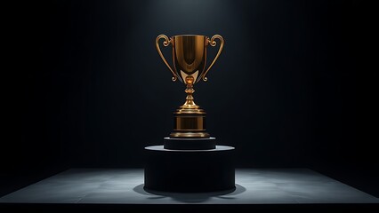 Golden trophy displayed elegantly on a pedestal against a dark backdrop.
