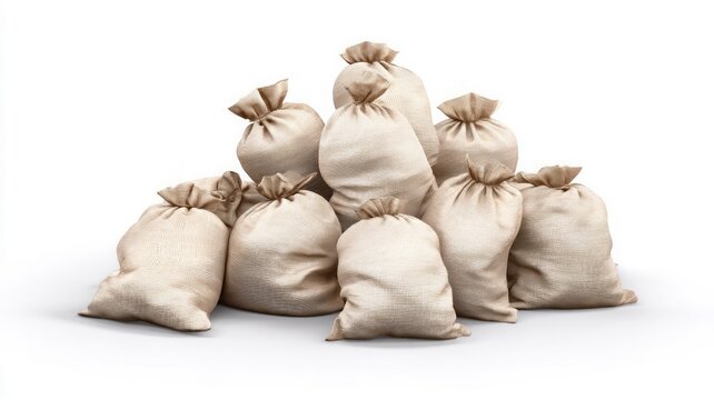 Burlap sacks piled on white background. Neural network AI generated
