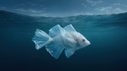 Ocean Illusion: Plastic Bag Camouflaged as Fish Floating in Polluted Waters