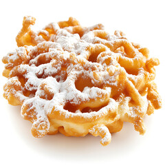 Golden funnel cake dusted with powdered sugar, presented on a white background.