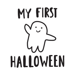 My first Halloween. Cute ghost waving. Outline vector design. Illustration on white background.