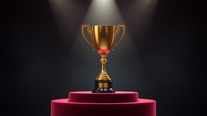 Golden trophy on a velvet podium under dramatic spotlight in an elegant setting.