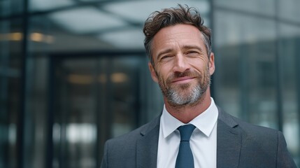 Fototapeta premium A confident businessman smiles projecting success in his professional life dressed in a modern gray suit with soft