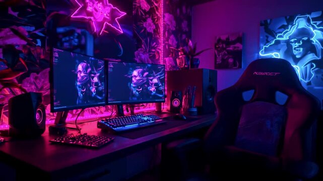 Futuristic gaming setup with dual monitors displaying vibrant graphics in a neon-lit room