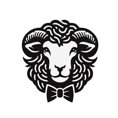 Obraz premium A stylized illustration of a sheep's head wearing a top hat and bow tie, framed by laurel branches, in black and white.