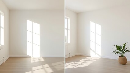 Simple room comparison showing plain walls versus freshly painted walls with natural light.