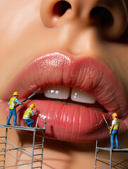 Miniature team working on glossy lips