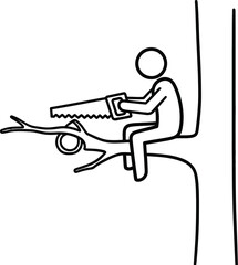Stick figure sawing tree branch danger risk safety accident concept