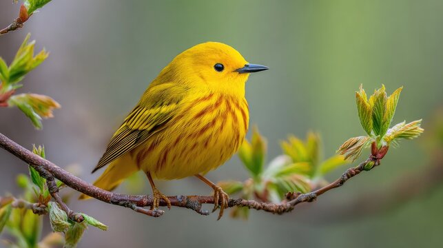 Photograph of a bright yellow bulbul perched on a branch with blooming spring leaves, its brightly colored feathers contrasting against a light green background.