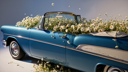 Blue convertible full of blooming white flowers