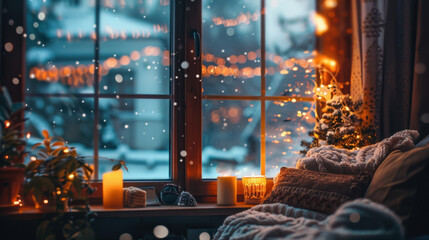 Cozy winter evening with christmas lights and candlelight