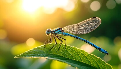 Dragonfly on a leaf, golden light