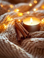 Obraz premium Photo of Cinnamon Sticks, Cozy Blanket, and String Lights Creating a Warm Winter Holiday Setting