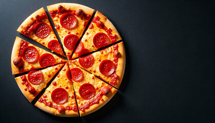 Delicious pepperoni pizza slices ready to enjoy on a dark background with space for text